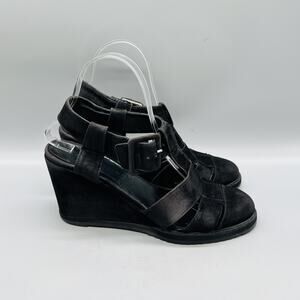 Robert Clergerie Sandals Womens 7.5 Black Suede Strappy Slingback Wedge Shoes
